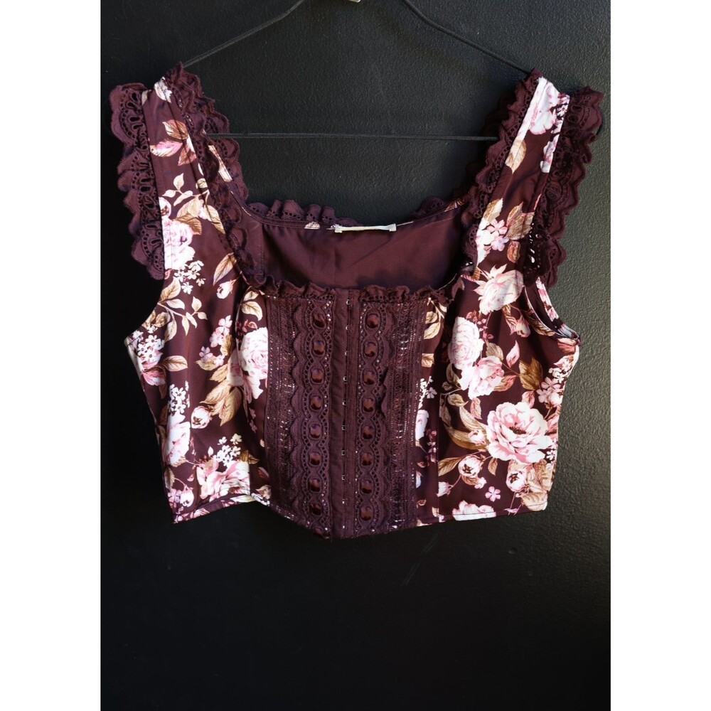 Altar'd State Floral Burgundy Ruffle Corset Crop Top Fairy Grunge Cottagecore L